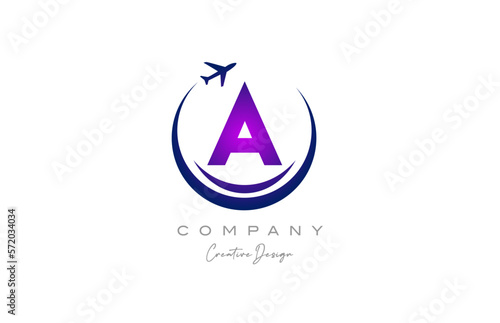 A alphabet letter logo with plane for a travel or booking agency in purple. Corporate creative template design for company and business