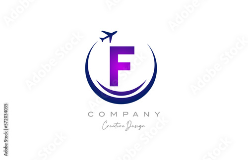 F alphabet letter logo with plane for a travel or booking agency in purple. Corporate creative template design for company and business