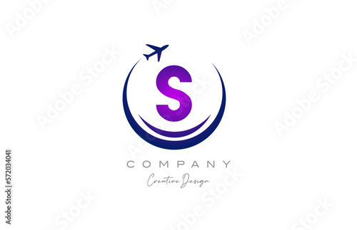 S alphabet letter logo with plane for a travel or booking agency in purple. Corporate creative template design for company and business