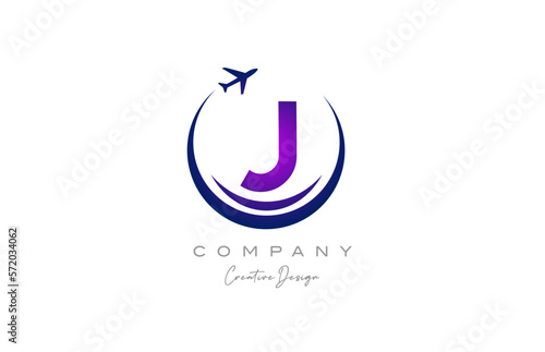 J alphabet letter logo with plane for a travel or booking agency in purple. Corporate creative template design for company and business