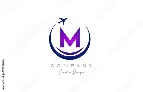 M alphabet letter logo with plane for a travel or booking agency in purple. Corporate creative template design for company and business