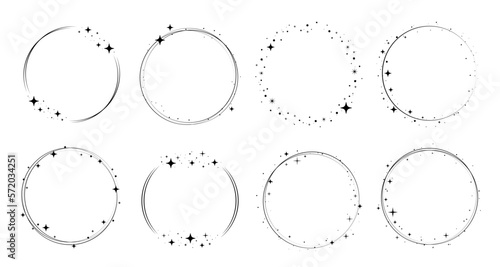 Circle star border frame set. Sparkle circle frame. Wreath round stardust border for party, birthday decor design. Laurel frame with cosmic glitter shine. Vector illustration.