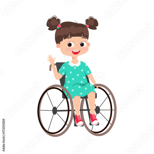 Physically challenged, handicapped kid laughing. Little girl in a wheelchair. 
Inclusive city space. Isolated cartoon vector illustration