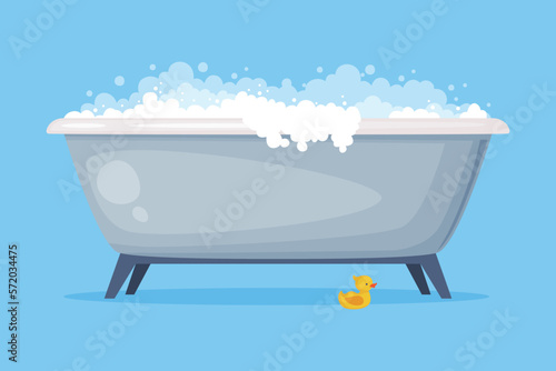 Cast Iron Bathtub on Foot Full of Water with Soap Bubbles Foam and Duck Isolated on Blue Background Vector Illustration