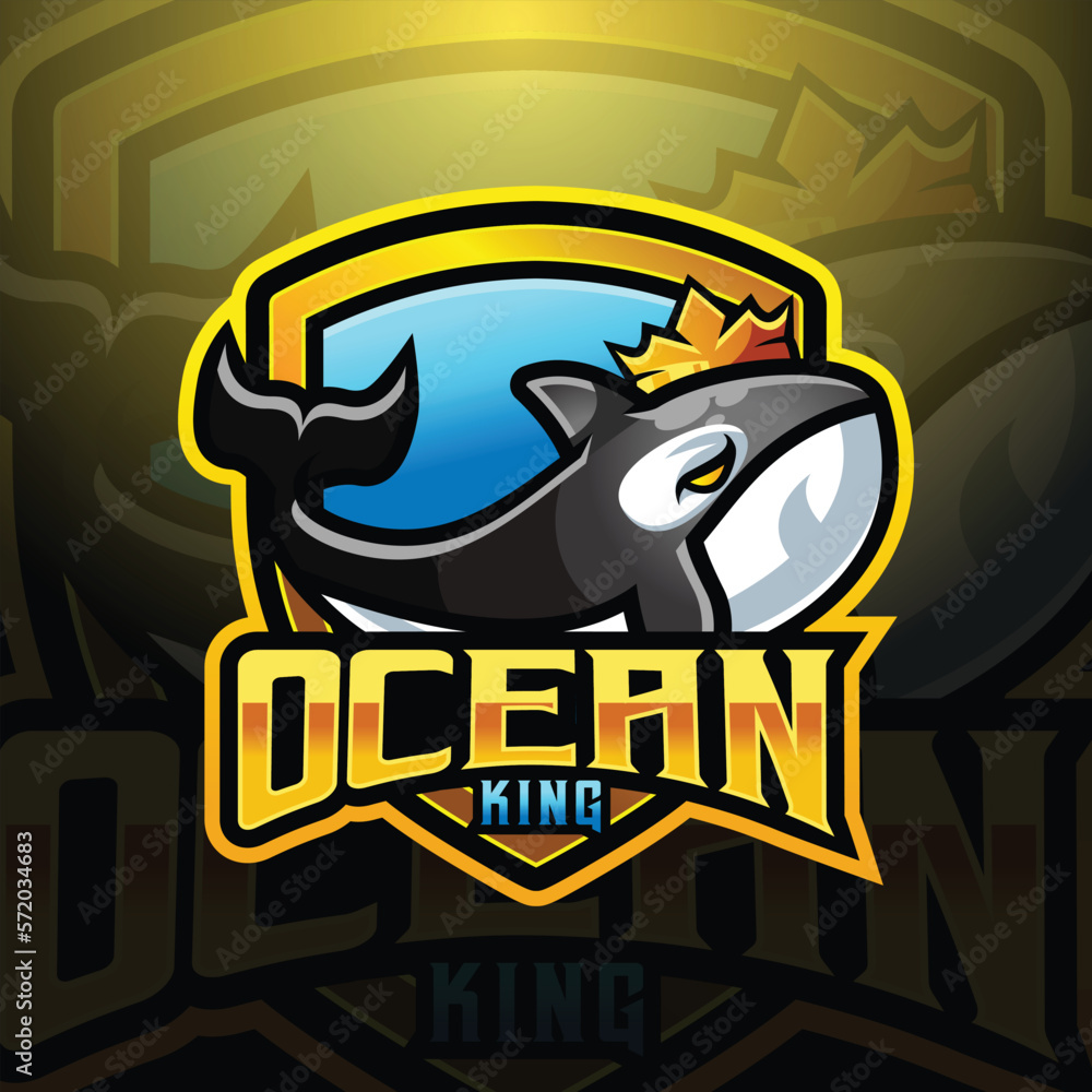 Fototapeta premium Orca killer Whale royal king mascot logo design vector with modern illustration concept style for badge, emblem and tshirt printing. modern orca shield logo illustration for sport, gamer, team.