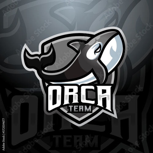 Orca killer Whale mascot logo design vector with modern illustration concept style for badge, emblem and tshirt printing. modern orca shield logo illustration for sport, gamer, esport team.