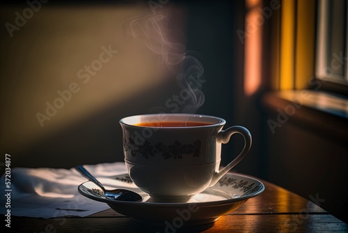 Hot cup of tea on table