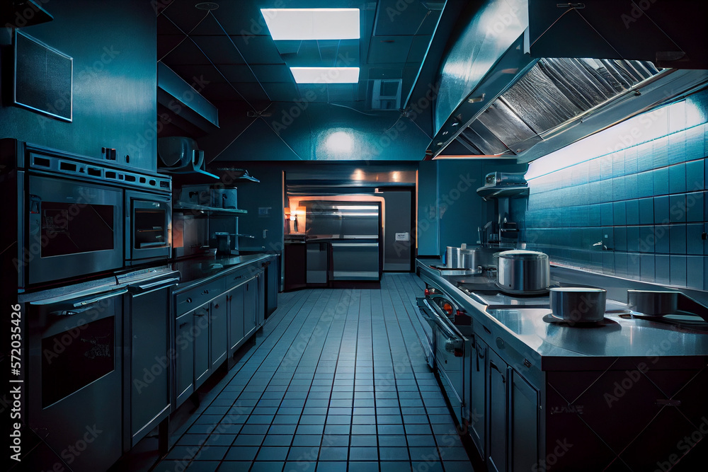 Professional kitchen, view counter in stainless steel.