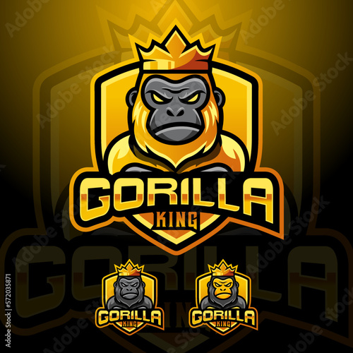 Gorilla royal king mascot logo design vector with modern illustration concept style for badge, emblem and tshirt printing. modern gorilla shield logo illustration for sport, gamer, streamer