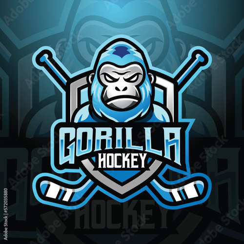 Gorilla ape mascot ice hockey team logo design vector with modern illustration concept style for badge, emblem and tshirt printing. modern gorilla shield logo illustration for sport, league 