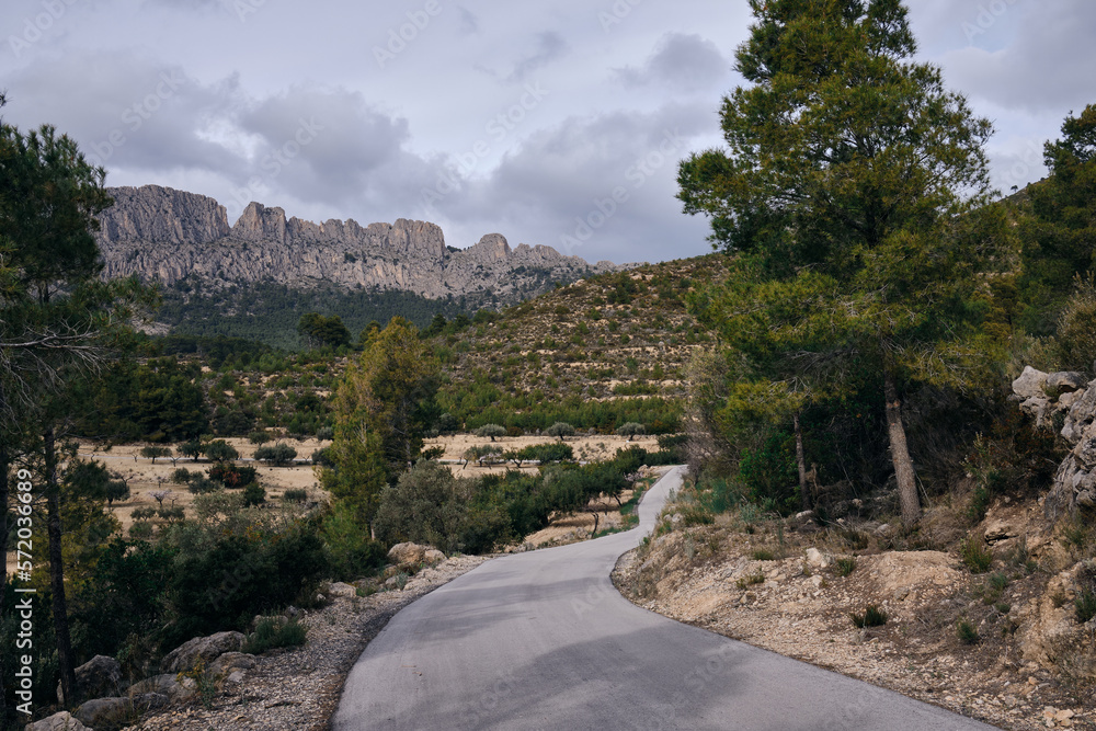 Road across Castellets Ridge near Puig Campana, from near Altea  Benidorm, Spain.Scenic mountain road inland Costa Blanca.