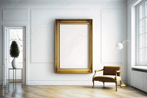 designroom, large blank frame, light wood frame, golden luxury style inside studio, white walls, overexposed - generative AI photo