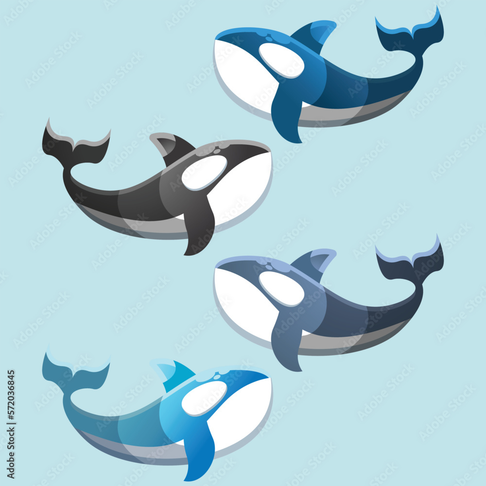 Fototapeta premium Vector illustration of kawaii cute orca killer whale characters. set of characters. Emoticon, mascot, cartoon character of orca, isolated on background