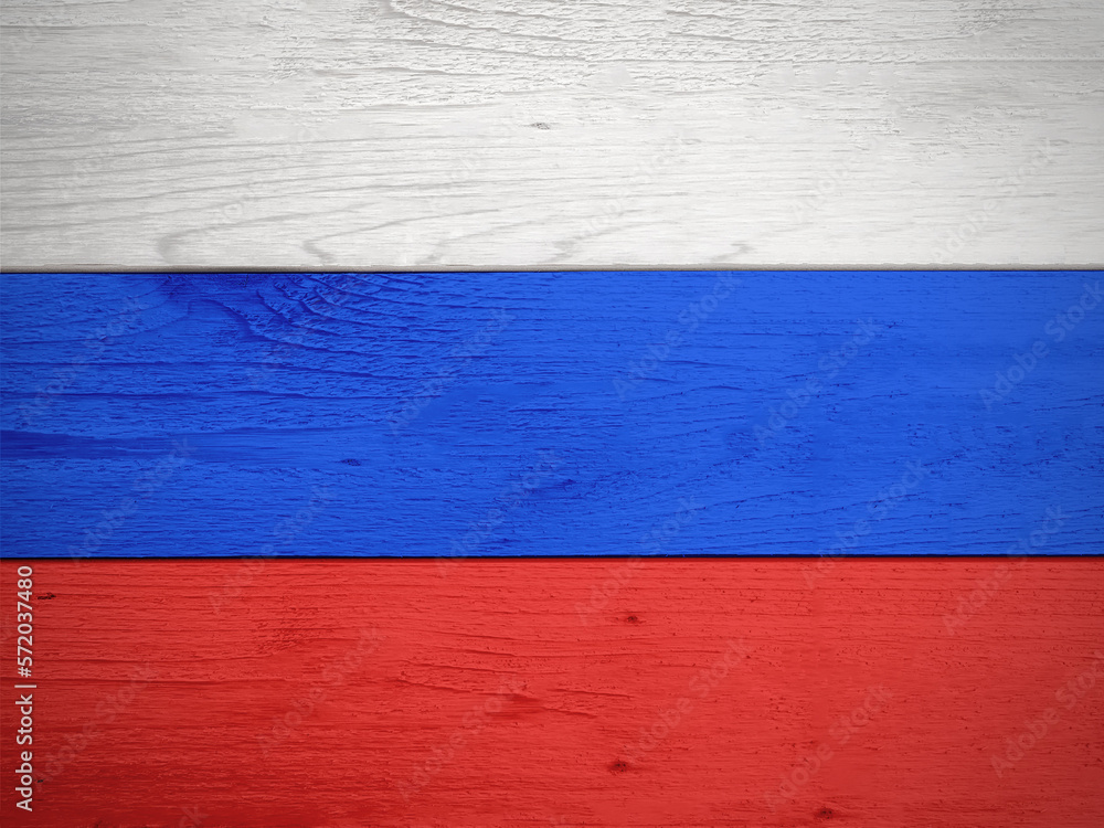 Russia Flag on Rough Pattern Wood Texture Background, Russian Flag Sign Illustration Banner, Russia Abstract Colors Concept