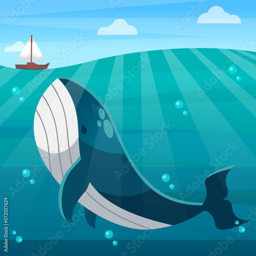 Underwater landscape, whale in undersea, vector ocean deep background. Cartoon character vector illustration of whale in ocean bottom or sea landscape