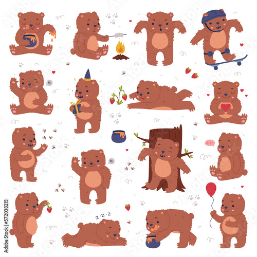 Cute baby bear doing different activities big set. Funny wild forest animal characters cartoon vector illustration