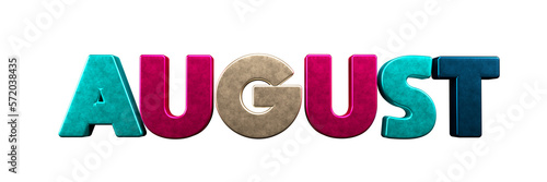 Bold and Colorful 3D August Text Illustration in Shades of Magenta, Blue, Gold, and Purple on a Transparent Background - Perfect for Web, Print, and Social Media Designs
