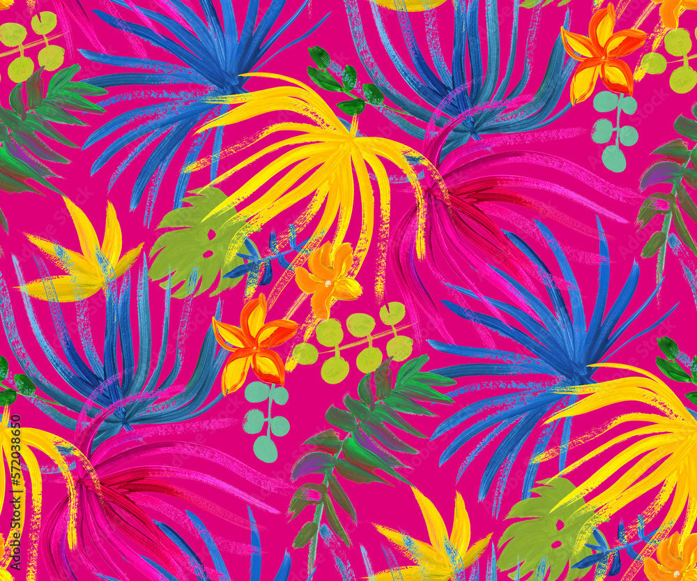 modern bright seamless pattern with tropical palm leaves and colorful dried flowers for fashion textiles and surface design