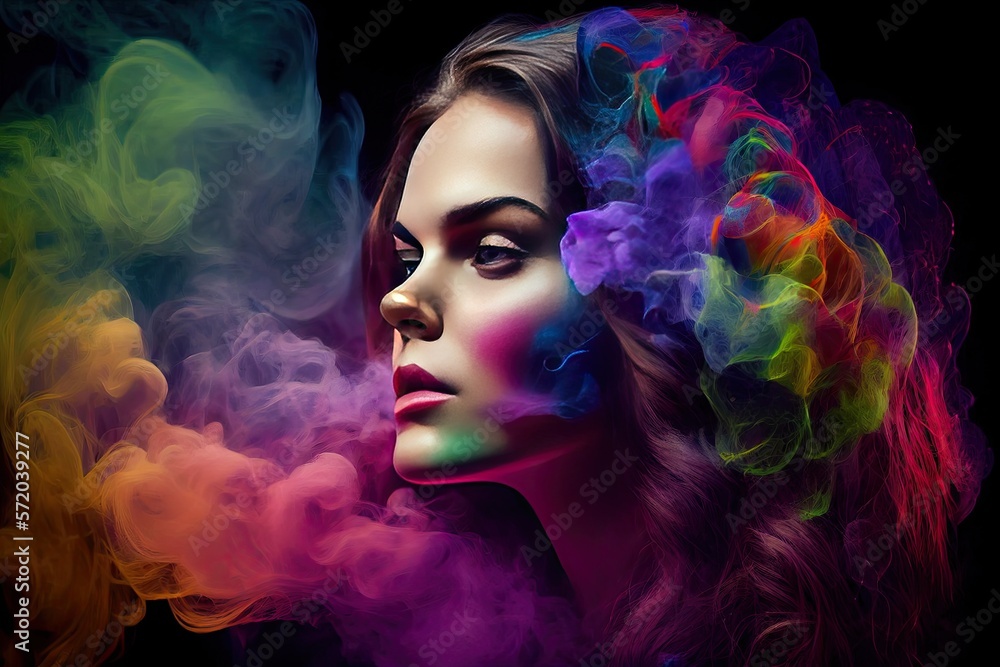 Fashion art portrait of beautiful model, woman in bright neon lights with colorful smoke - generative ai