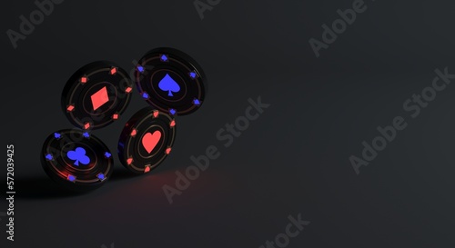 Photography casino chip, poker in the dark with blue and red neow glow (3d illustration)