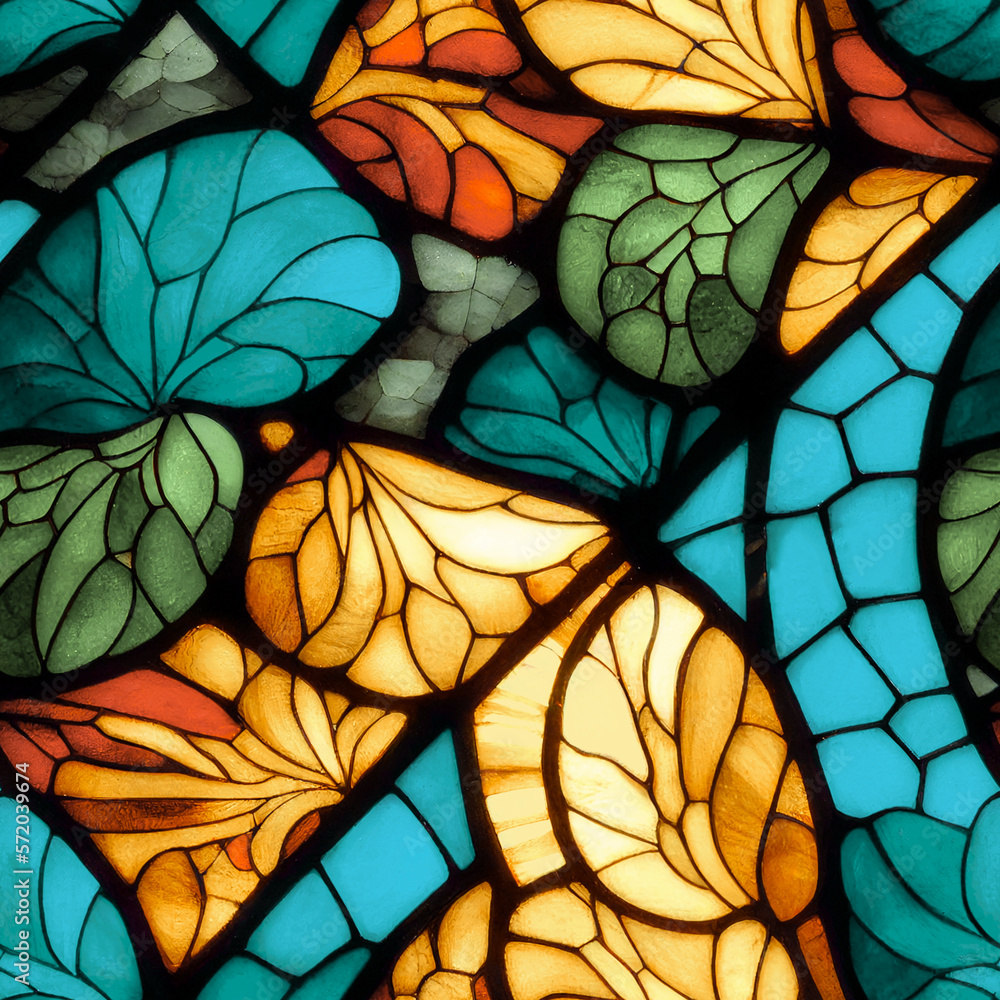 Abstract seamless pattern. Stained glass style, colorful summer background. Trendy design, irregular geometric shapes, lines. Modern mosaic print for fashion textile fabric, cloth, home decor