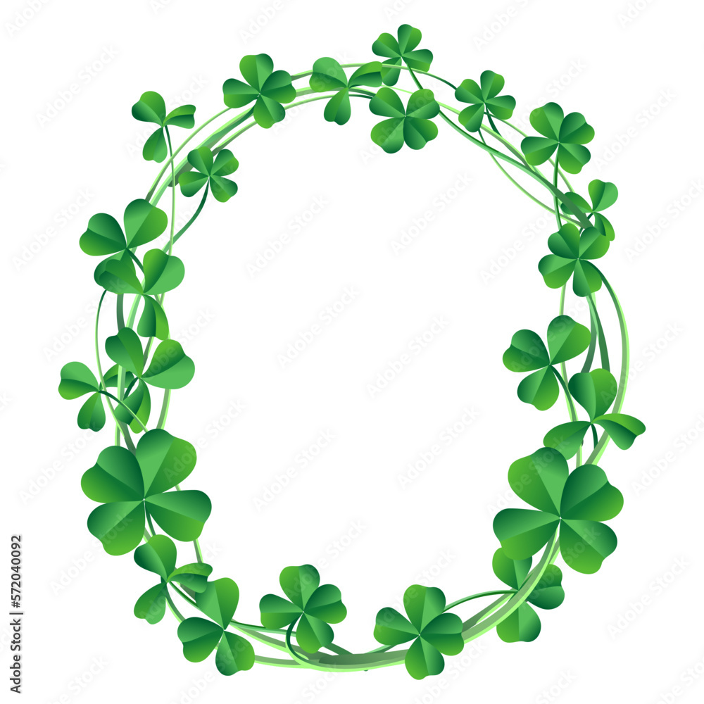 frame of green clover leaves, decor element for postcards, banners, flyers, four-leaf and three-leaf leaves symbol of st. patrick's day, traditional element of festivals and holidays of ireland