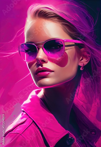 Fashion portrait of a model wearing high fashion clothing and round sunglasses, light pink background - generative ai