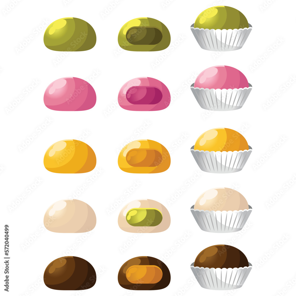 Set of different taste mochi daifuku. Different color of mochi japanese rice cake snack. Icon set illustration. Flat design cartoon vector illustration collection. Isolated on white background