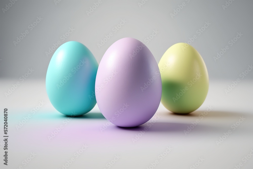 Pastel colored easter eggs on white backdrop created with Generative AI technology