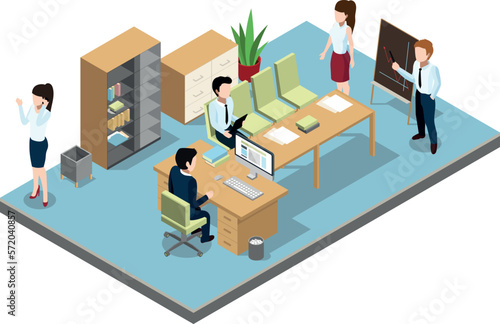 Isometric conference room with workers. Business meeting office