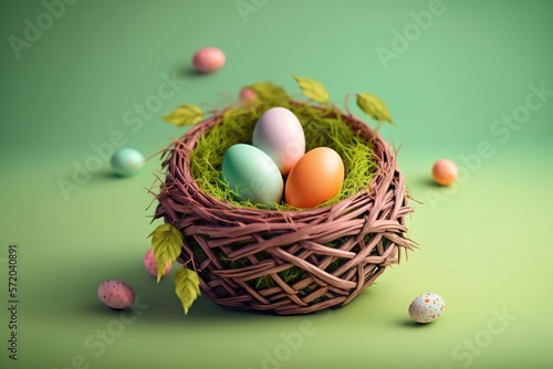 Colored easter eggs in wicker nest on green background created with Generative AI technology