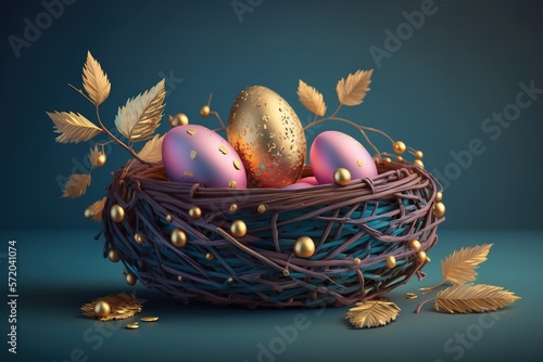 Pink and golden easter eggs in wicker nestcreated with Generative AI technology