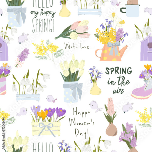 Seamless Pattern with Fresh Spring Flowers Bouquets and Birds