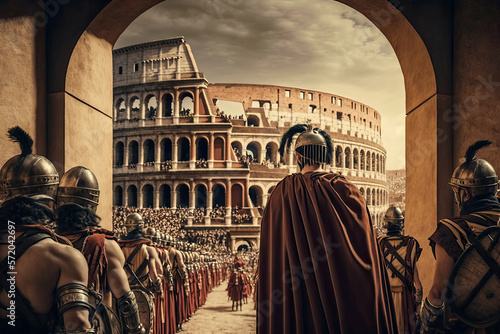Fototapeta A nostalgic image of a day in the Roman Empire, gladiators in the colosseum, AI