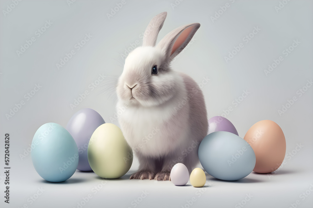 The Easter bunny in pastel colors sits with eggs The Easter bunny in pastel colors sits with eggs
