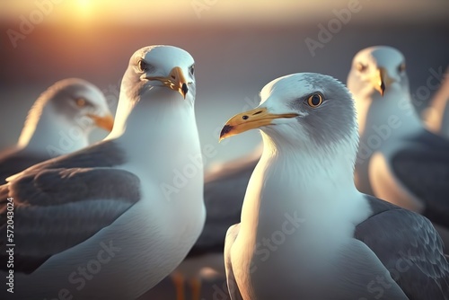 Group of gull Birds in the sky with sun footage. Close-up of gull Birds. Unick video footage of nature, AI generated photo