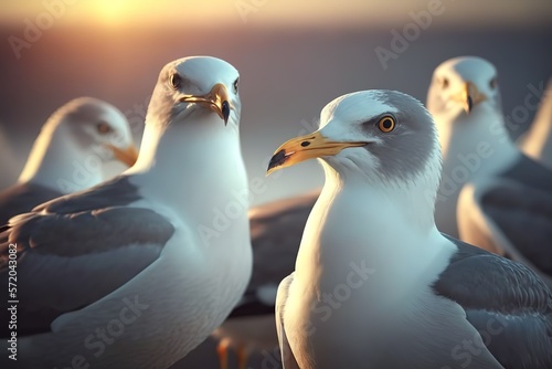 Group of gull Birds in the sky with sun footage. Close-up of gull Birds. Unick video footage of nature, AI generated photo