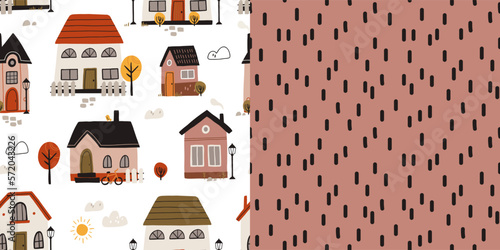 Seamless Scandinavian town pattern. Endless background with cute small houses, autumn trees. Repeating print of sweet homes in Nordic Scandi style. Repeatable texture. Colored flat vector illustration