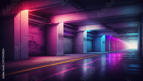 Cyber Neon Purple Blue Red Sci Fi Futuristic Grunge Hangar Retro Warehouse Underground Parking Steel Concrete Cement Tunnel Corridor Industrial Background generative ai