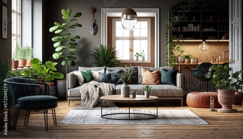 Home nordic living room with design sofa, family table, plants, bookstands with elegant accessories. Brown wooden parquet. generative ai