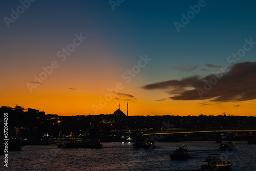 Istanbul view at sunset. Fatih Mosque and Golden Horn