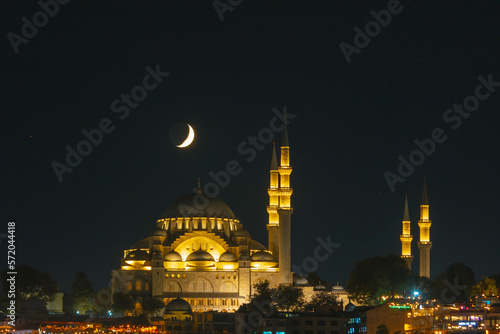 Ramadan or islamic concept photo. Crescent moon and Suleymaniye Mosque