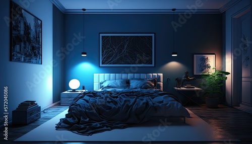 Modern bedroom interior. Night. Evening blue lighting.Wall frame poster. Hanging lights. Generative AI