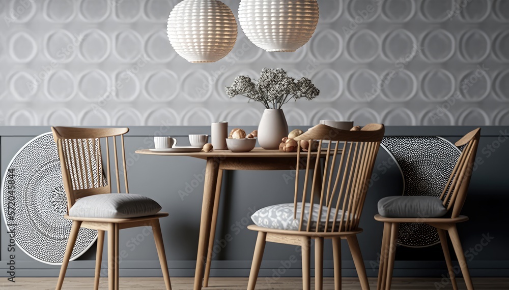 Wooden chairs and table on gray wallpaper background. Scandinavian