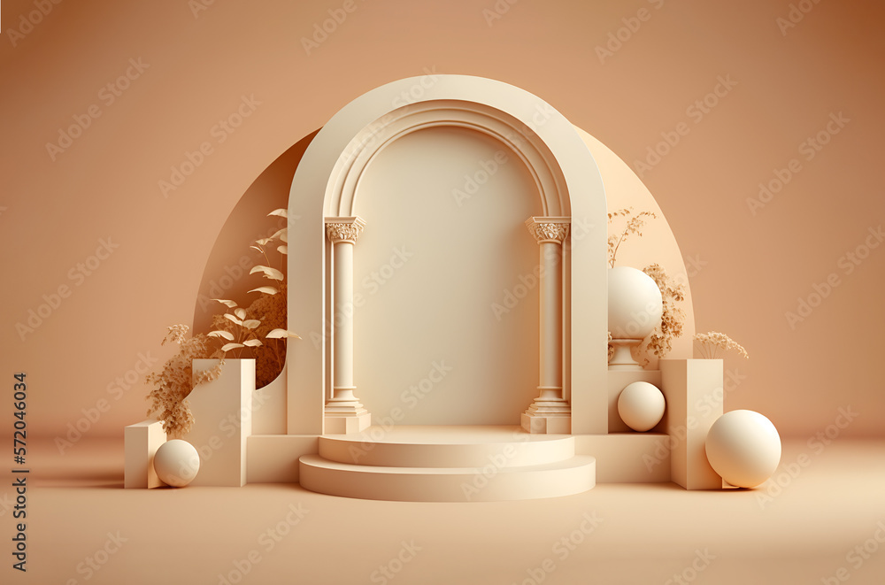 Realistic 3d podium in arch window. Beige podium mockup. 3d display product beige minimal scene with podium platform. Stand for cosmetic products. Advertisement. Generative ai. Realistic 3d podium in arch window. Beige podium mockup. 3d display product beige minimal scene with podium platform. Stand for cosmetic products. Advertisement. Generative ai.