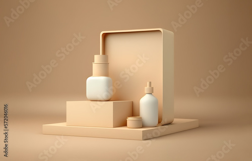 Mockup 3D cosmetic product on pedestal. Cosmetic cream  makeup foundation  fragrance. Beige background. Beige color palette. Beauty advertisement. Generative ai.