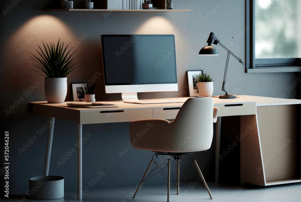 comfortable home office workplace in modern style, in clear space, computer screen, decoration and space without people-Illustration. Generative AI comfortable home office workplace in modern style, in clear space, computer screen, decoration and space without people-Illustration. Generative AI