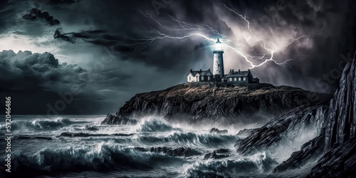 Leuchtturm bei Nacht im Sturm Surreal Digital Art Gemälde Generative AI Digital Kunst Illustration Background Banner 
