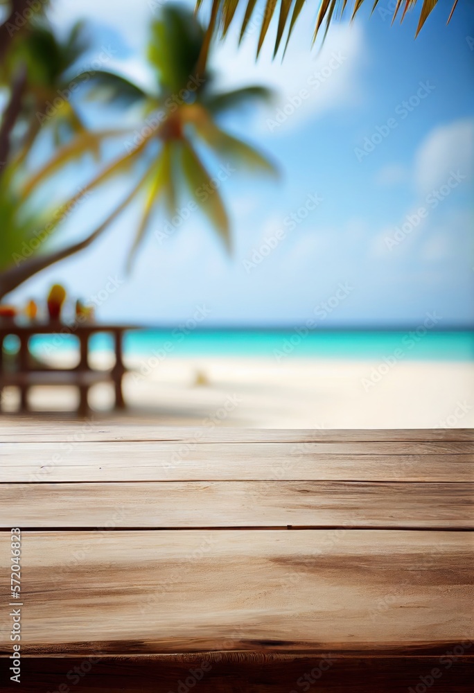 Empty Wooden table and blurred beach sand ocean nature  background GENERATIVE AI