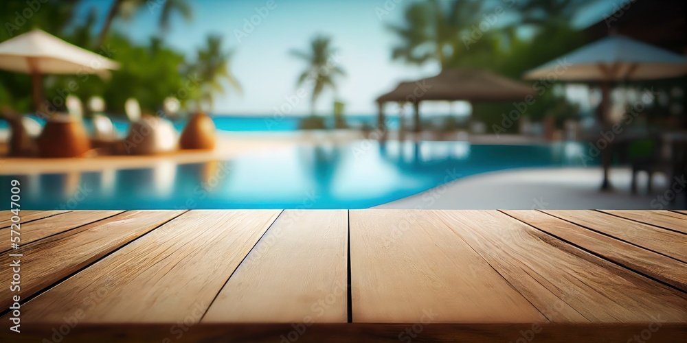 Empty Wooden table and blurred pool paradise hotel bangalo background GENERATIVE AI